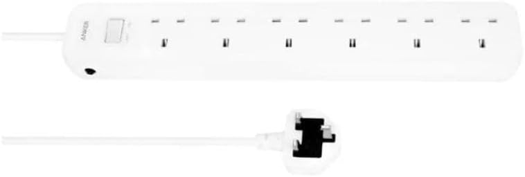 White power strip with multiple outlets on a white background