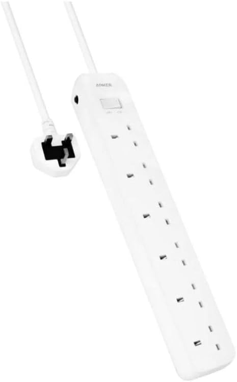 White power strip with multiple outlets on a white background