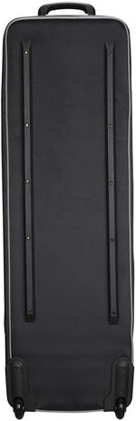 Black suitcase with wheels on a plain background