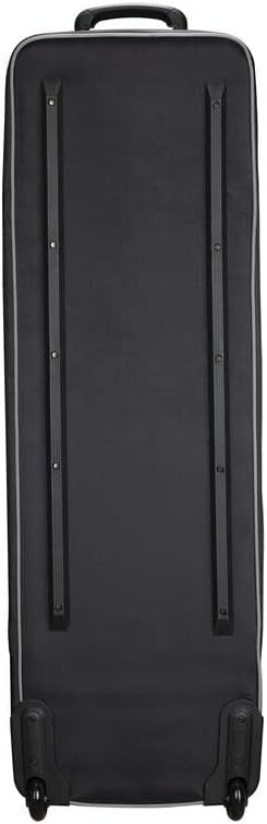 Black suitcase with wheels on a plain background