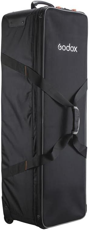 Black Godox camera bag with a strap on a black background