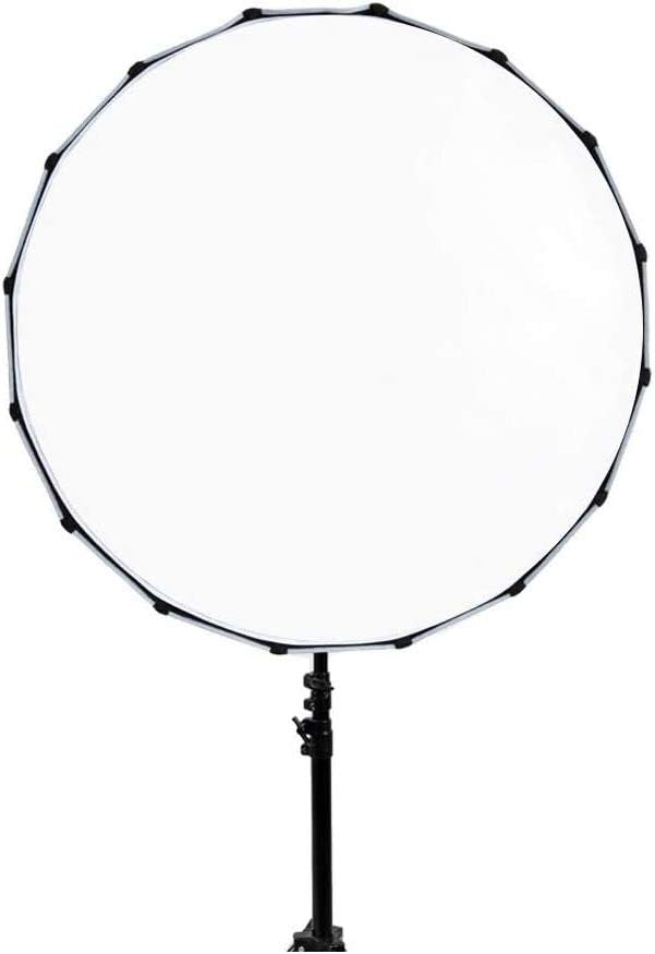 Circular light modifier on a stand with a white background