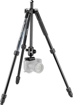 Black camera tripod with a camera attached on a white background