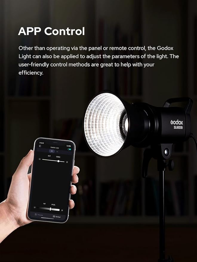 Godox light with smartphone app control on a dark background