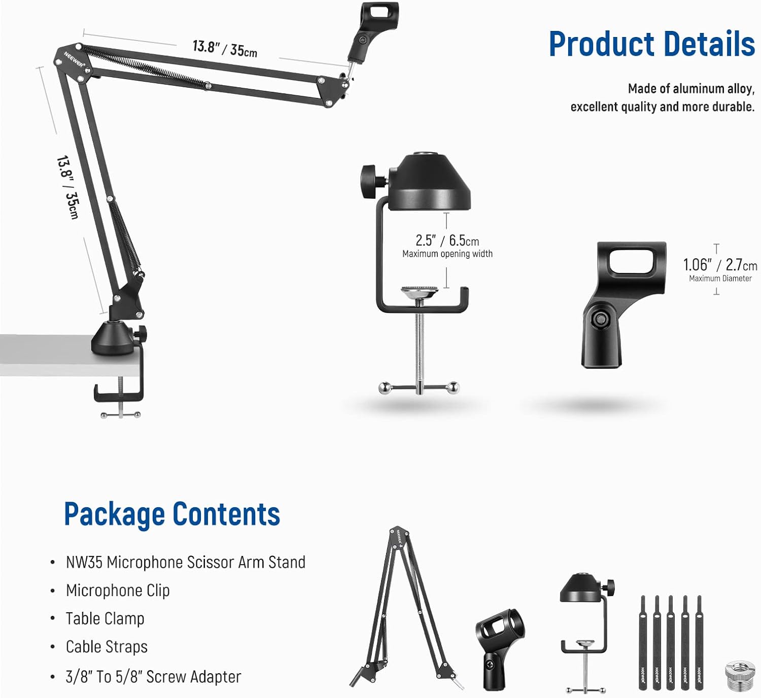 Microphone stand with adjustable arm and clamps, accompanied by product details and package contents on a white background.