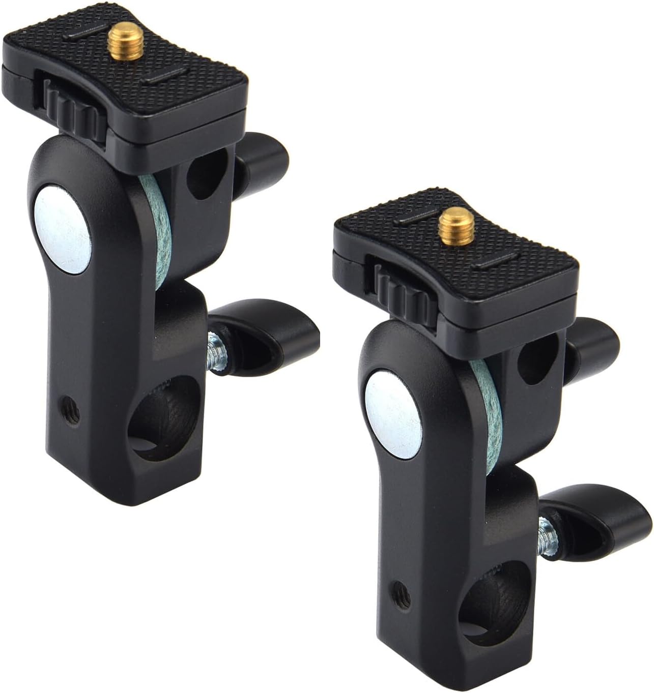 Two black camera mount brackets on a white background