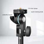 Camera tripod head with labeled parts on a white background