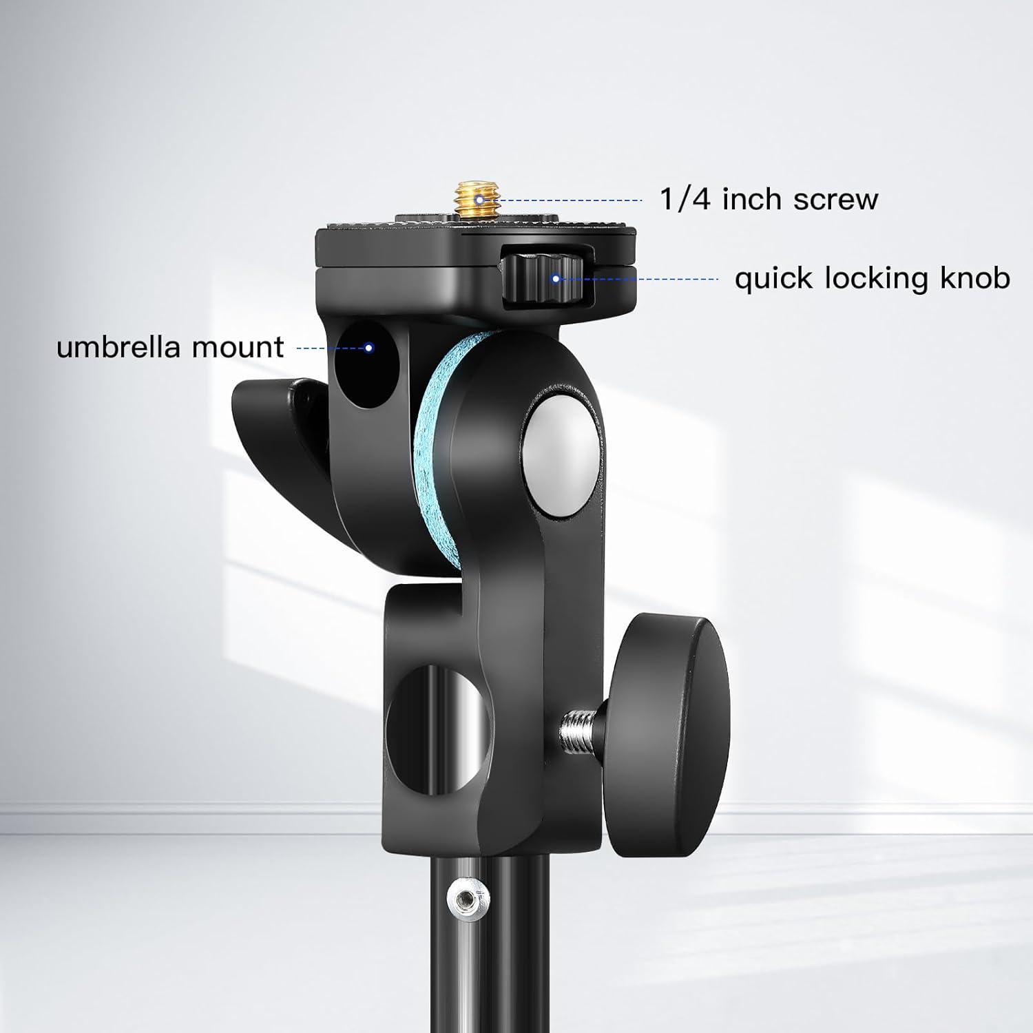 Camera tripod head with labeled parts on a white background