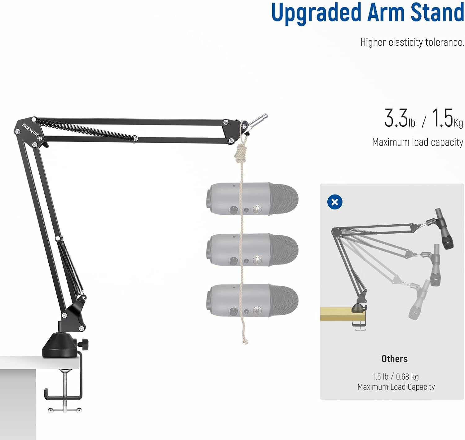 Upgraded arm stand with maximum load capacity details on a white background