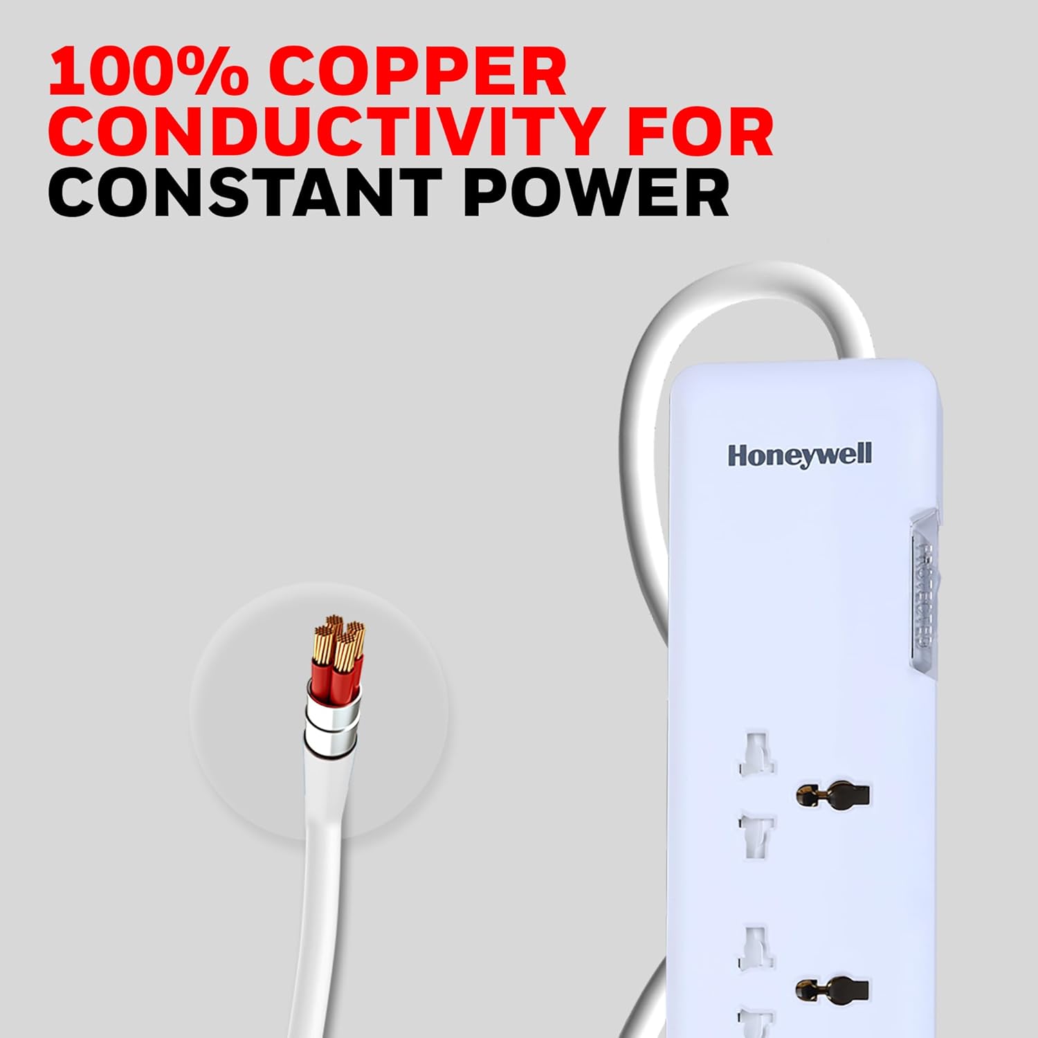 Honeywell power strip with cable on a gray background, emphasizing copper conductivity.