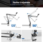 Adjustable camera arm with flexible and adjustable features on a white background