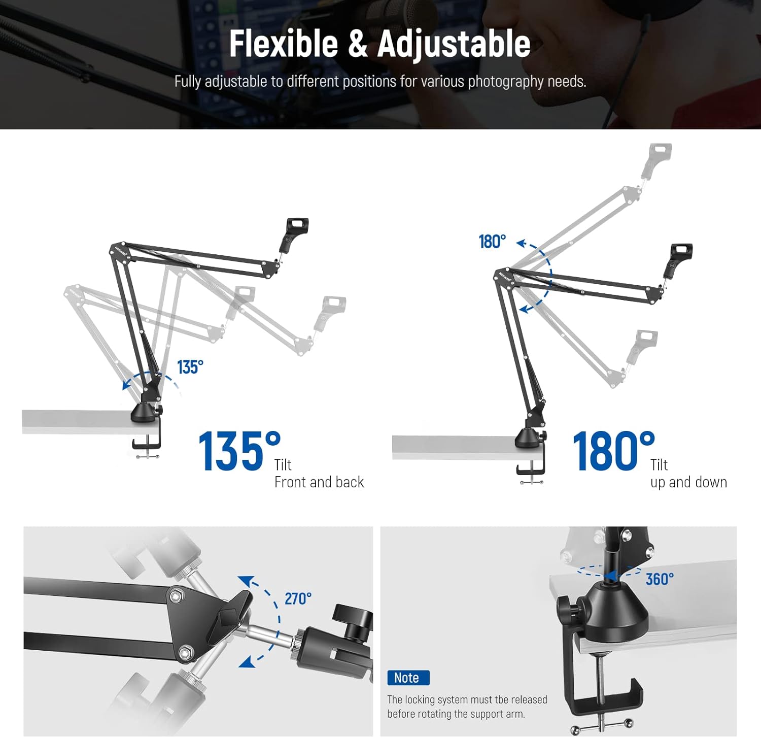 Adjustable camera arm with flexible and adjustable features on a white background