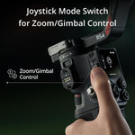Joystick mode switch for zoom/gimbal control on a camera controller with a hand interacting with it.