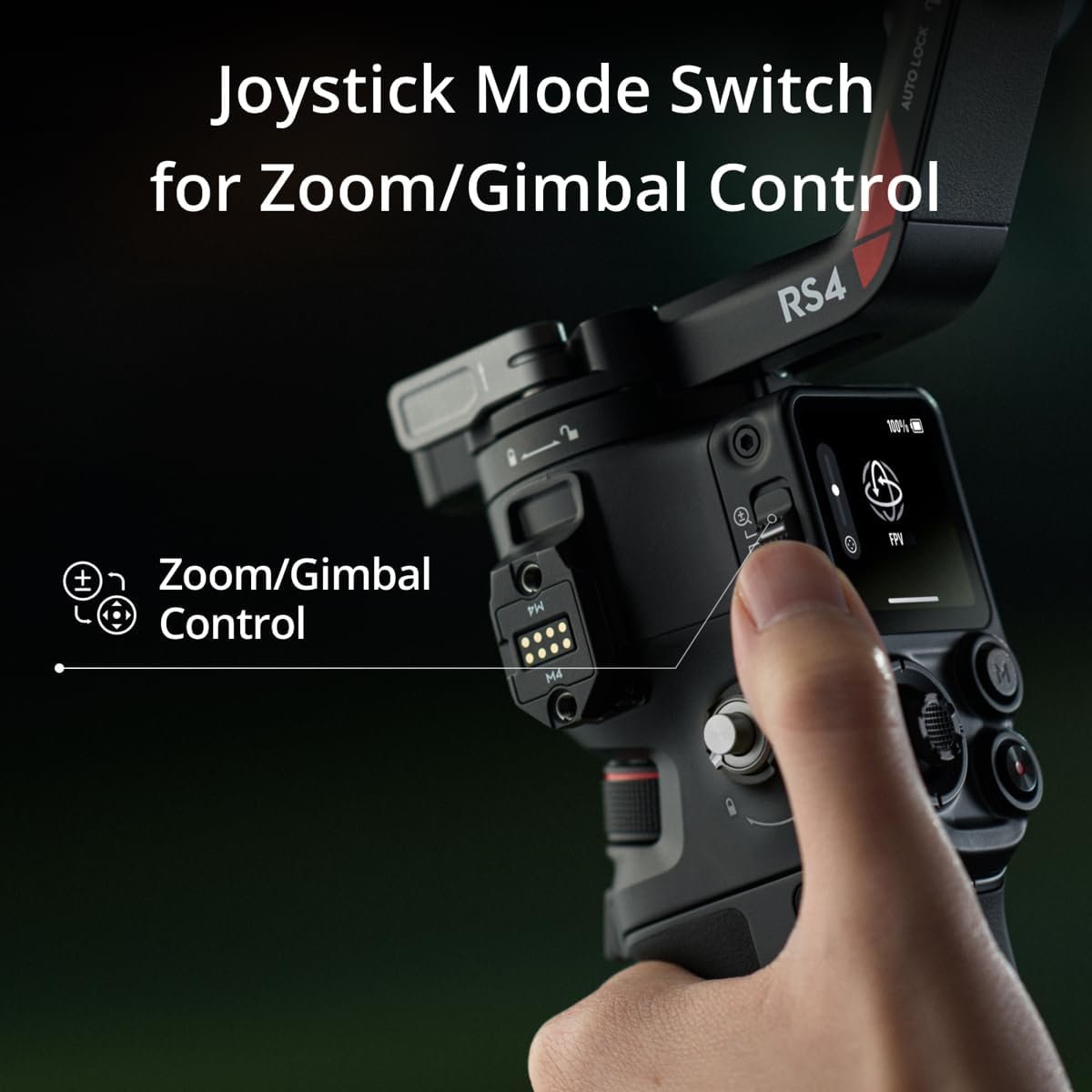 Joystick mode switch for zoom/gimbal control on a camera controller with a hand interacting with it.