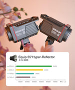 Two studio lights with 'amaran' branding on a blurred background with flowers.