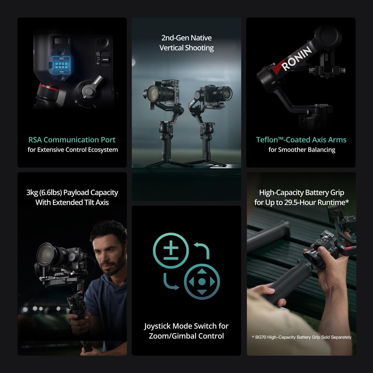 Promotional image of a camera stabilizer with features highlighted on a dark background