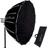 Photography softbox with grid and carrying case on a white background