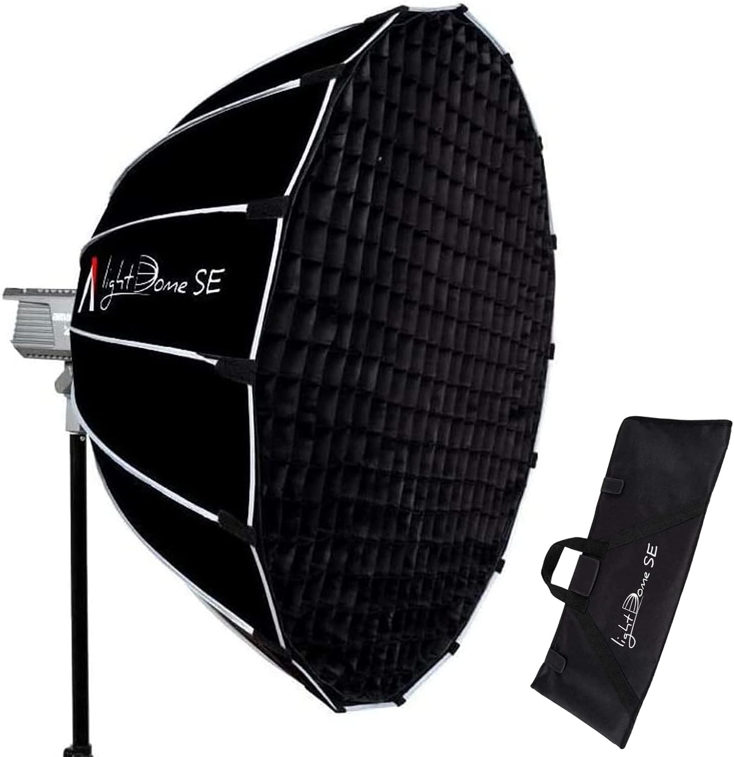 Photography softbox with grid and carrying case on a white background
