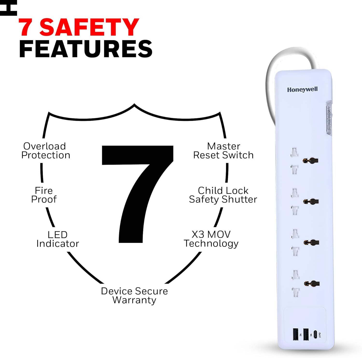 Honeywell power strip with safety features listed on a white background