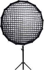 Photographic softbox with grid on a stand against a white background