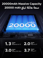 Battery pack with 20,000mAh capacity display and charging capabilities text.