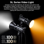 Godox SL100D and SL100Bi video lights with text on a dark background