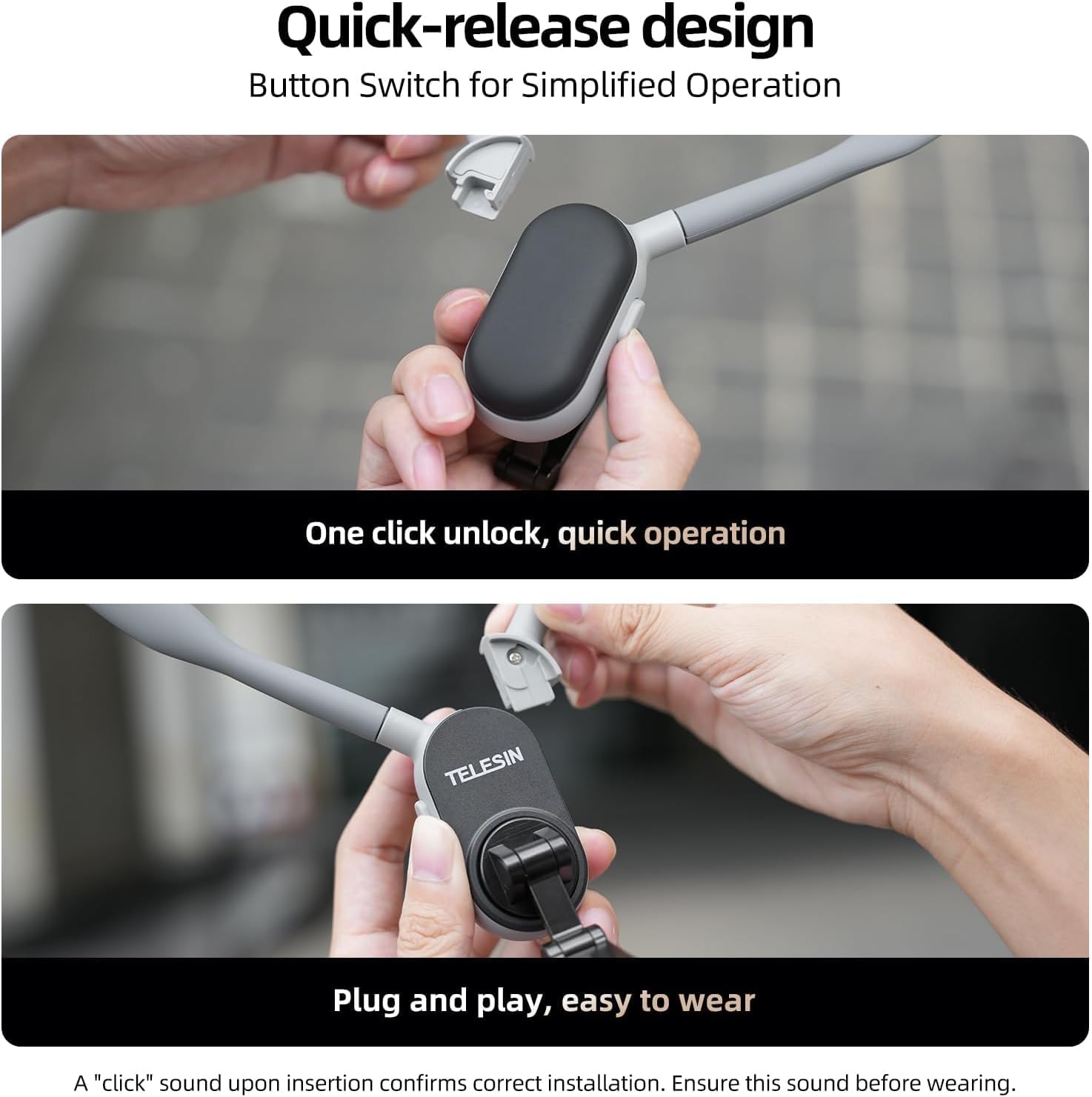 Telesin quick-release design button switch with hands demonstrating operation.