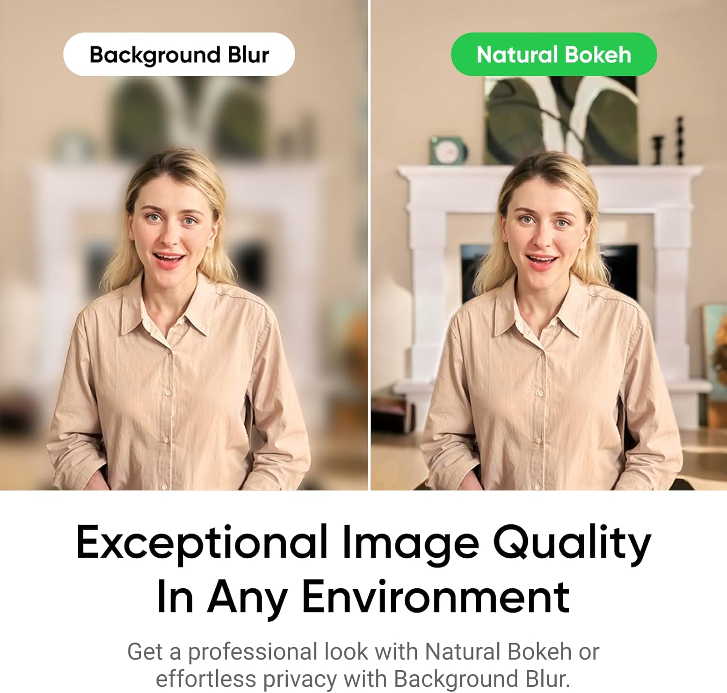 Comparison of 'Background Blur' and 'Natural Bokeh' effects on a woman in a room.
