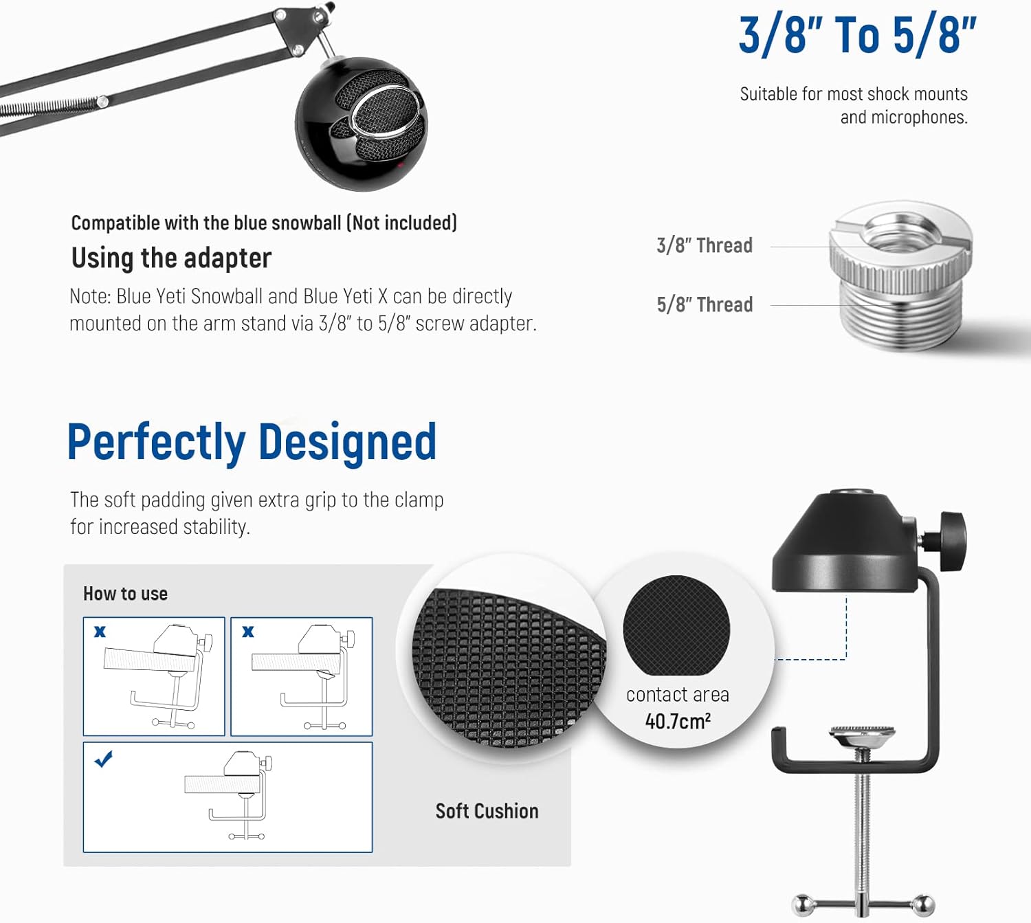 Technical diagram of a microphone stand adapter with specifications and usage instructions.