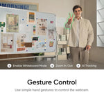 Person using gesture control on a smart display with various features displayed.