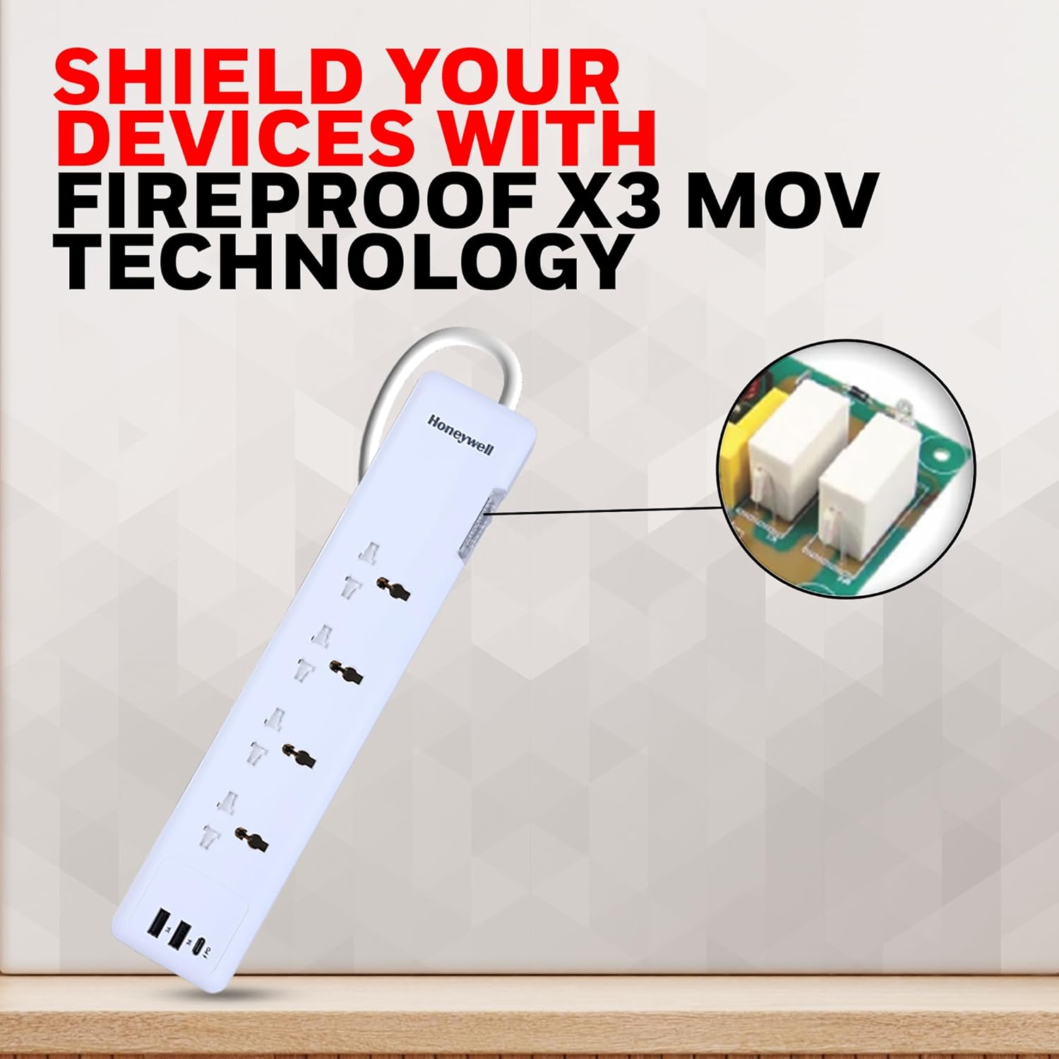 Power strip with fireproof X3 MOV technology feature on a neutral background