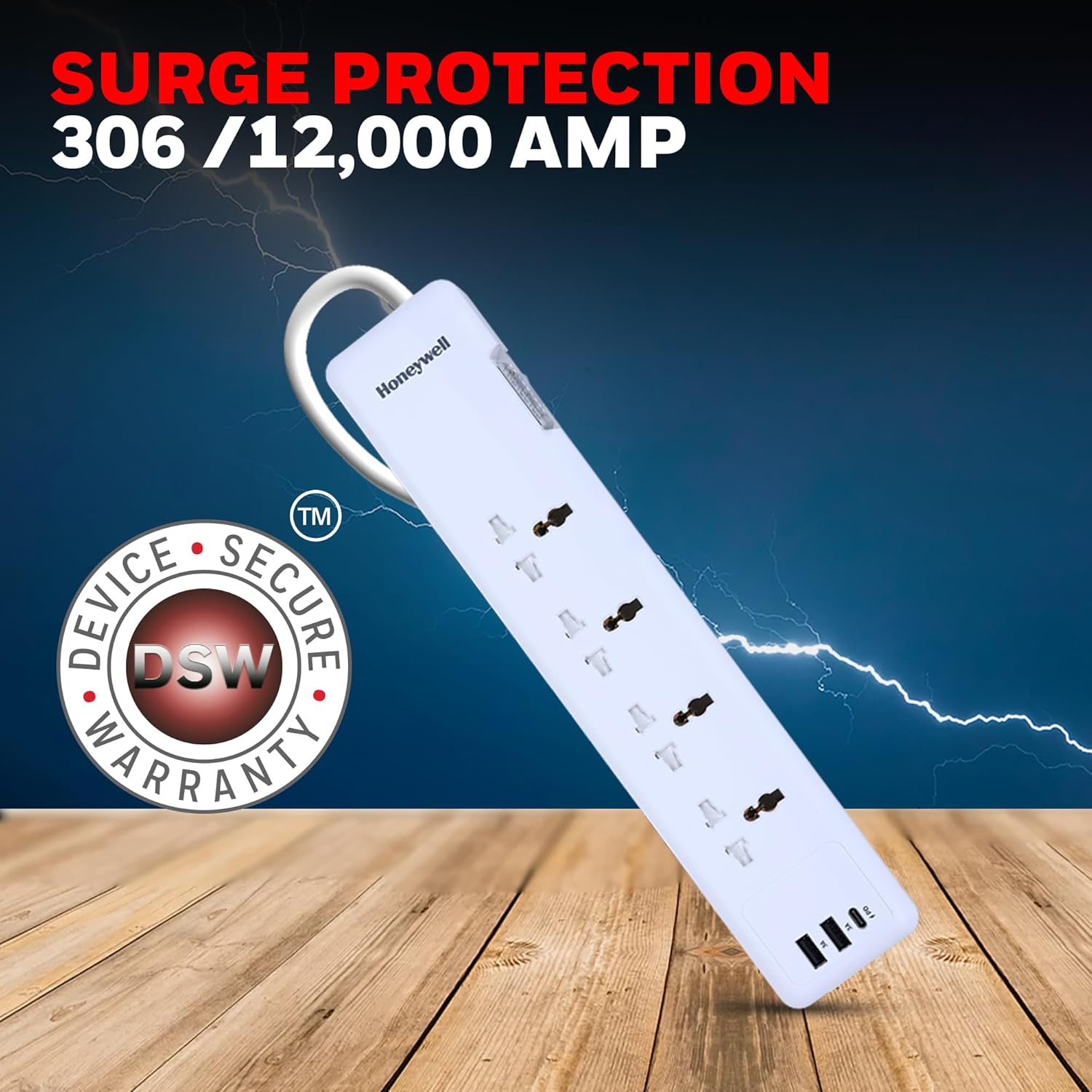 Surge protector with Honeywell branding on a wooden surface and blue background with lightning effects, featuring 'DSW' warranty logo.