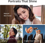 Promotional image of a woman with text highlighting natural skin tones, F2.0 aperture for clean bokeh, and crystal-clear details.