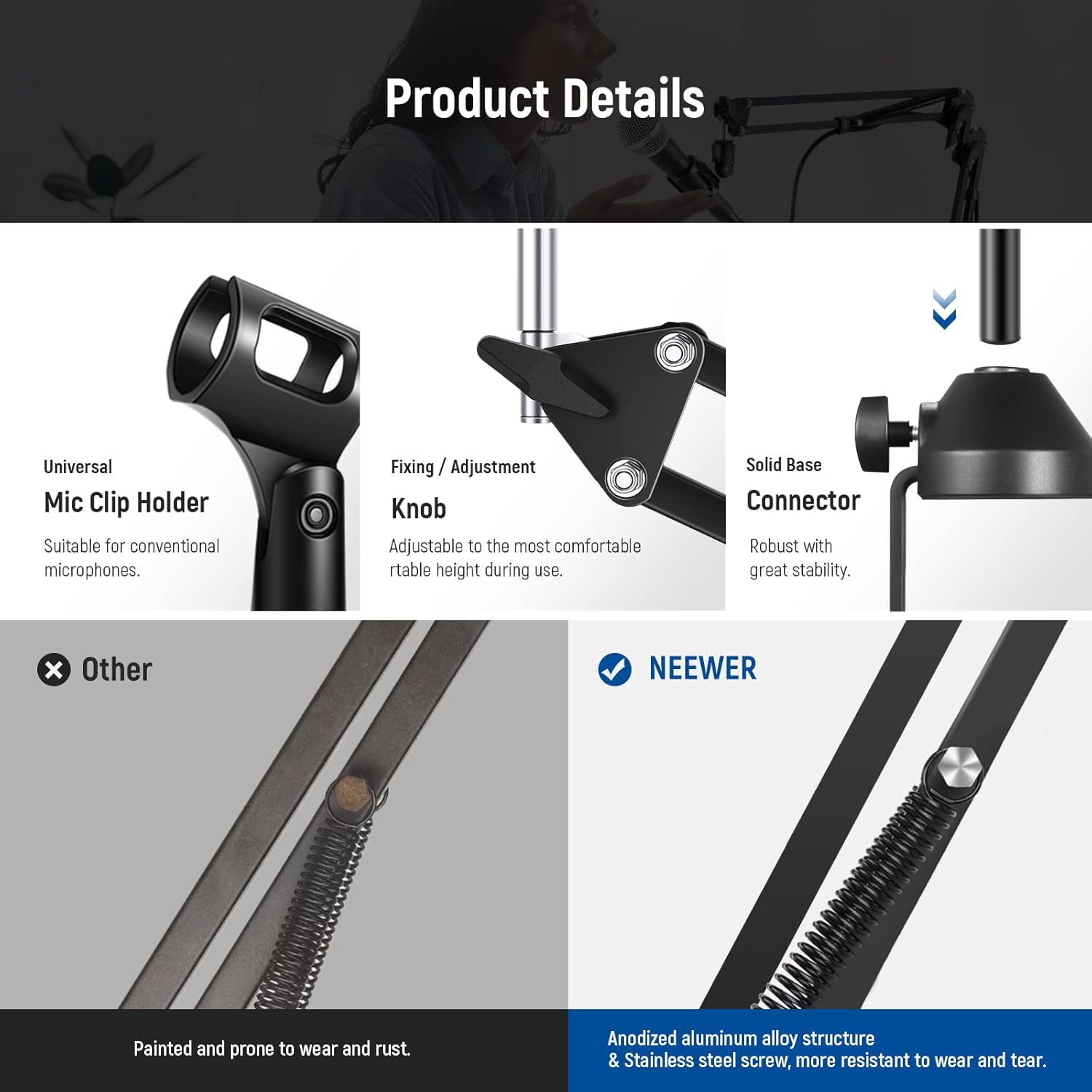 Product details of a microphone stand with labeled components and NEWER branding.