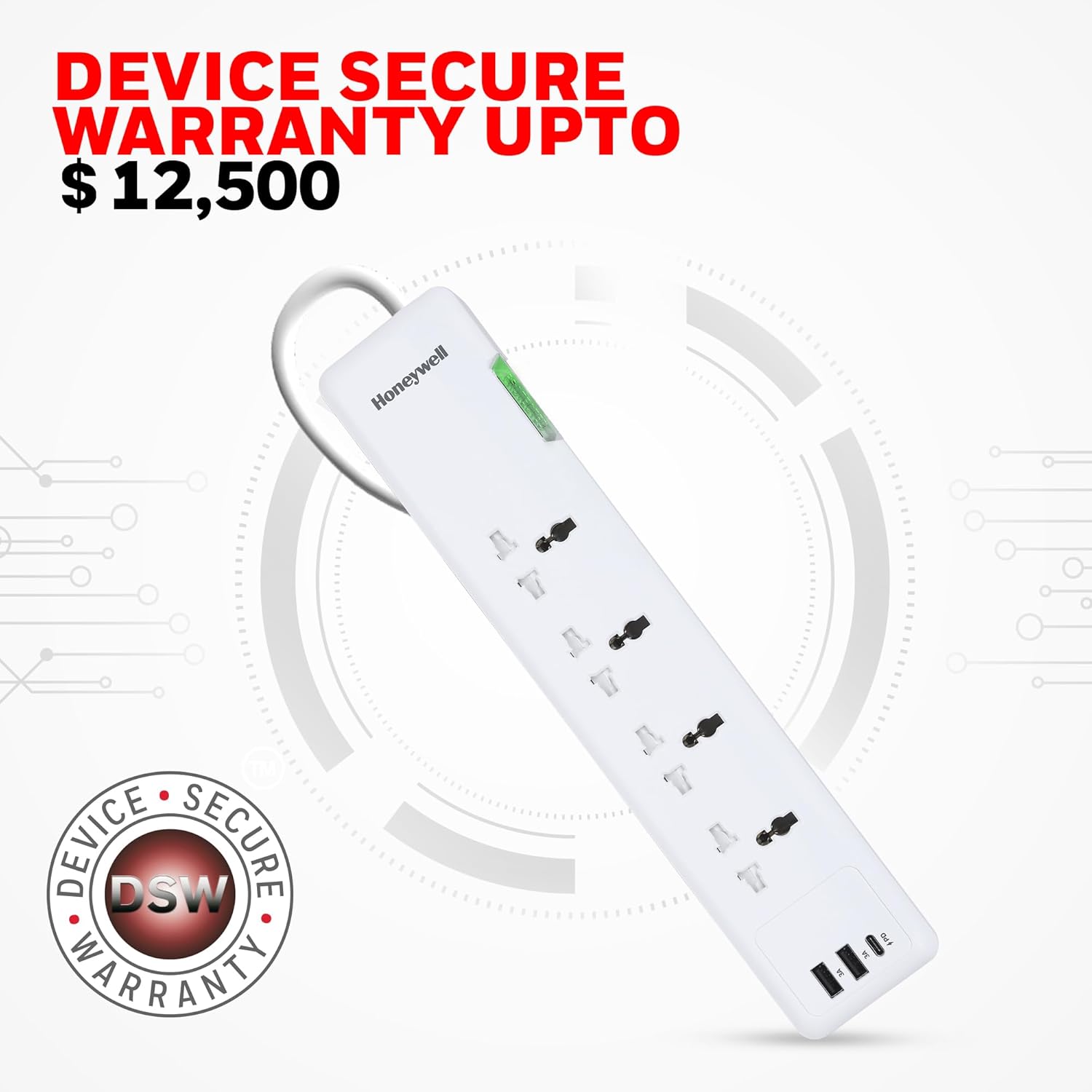 White power strip with Honeywell branding on a white background, featuring text about a device secure warranty.