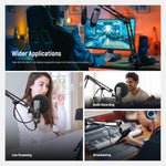 Collage of people using microphones in various settings with text indicating 'Wider Applications' and 'Audio Recording'.