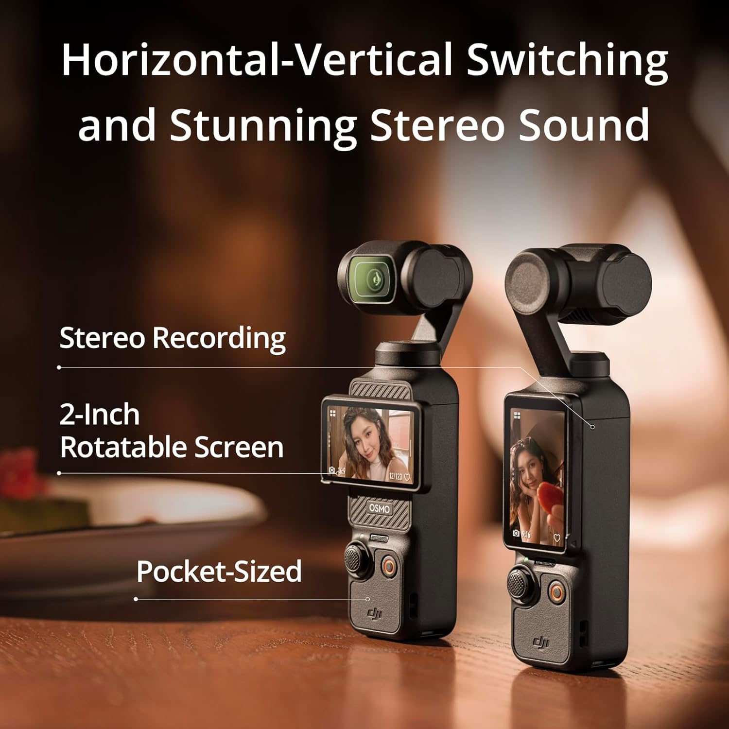 Two pocket-sized cameras with features highlighted on a wooden surface.