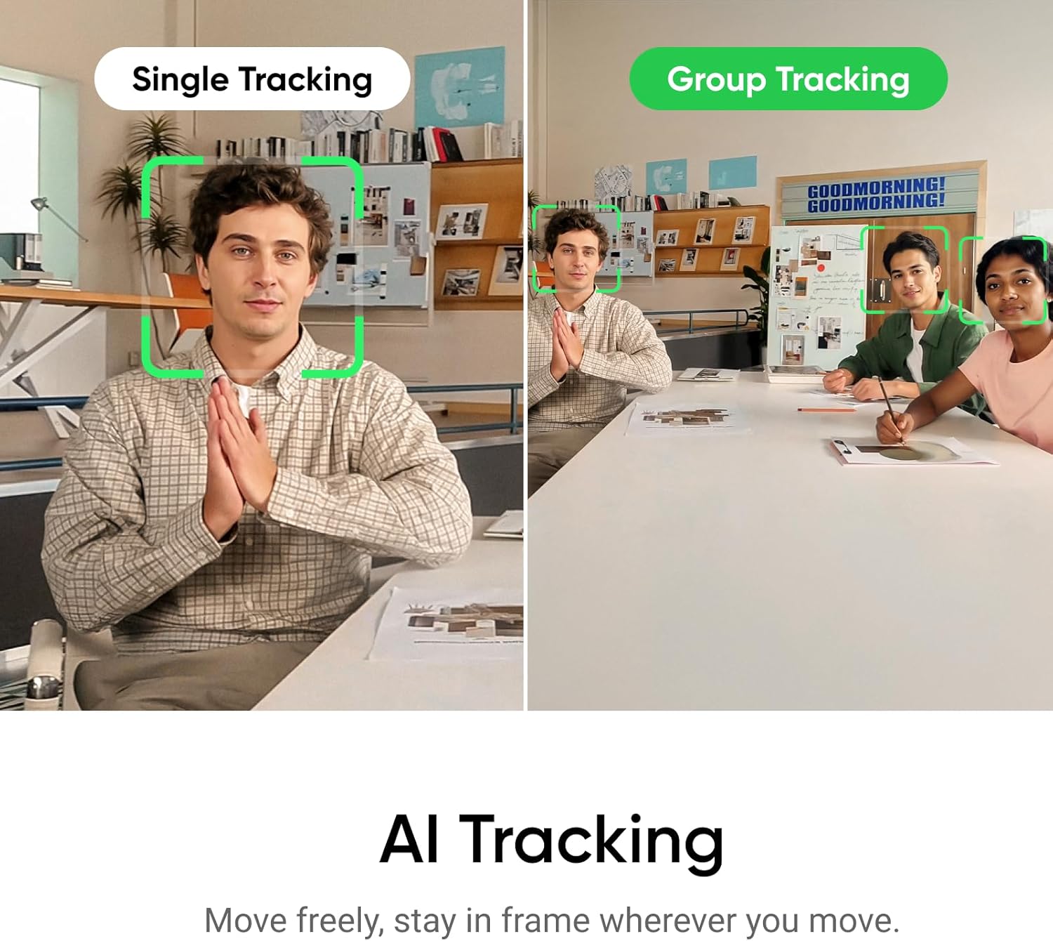 Comparison of a regular webcam and Insta360 Link 2 showing focus on a model of a room.