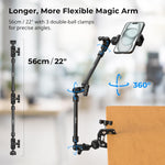 Longer, more flexible magic arm with 3 double-ball clamps for precise angles, shown with a smartphone mount.