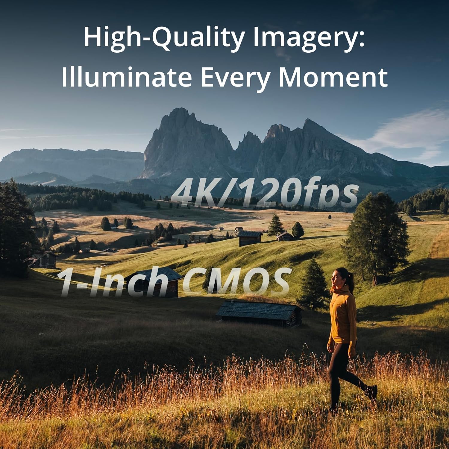 Woman walking in a field with mountains in the background, featuring text about camera specifications.