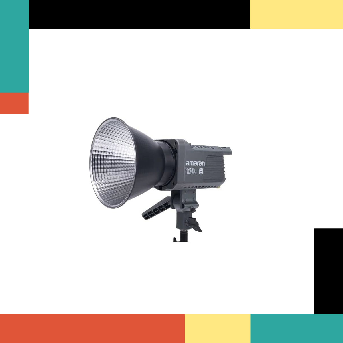 Studio light with 'Aputure' branding on a colorful geometric background