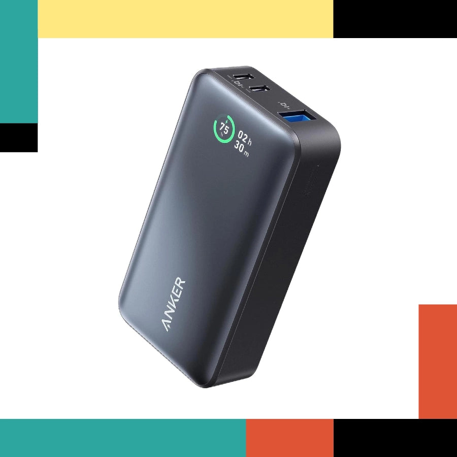 Anker power bank with digital display on a colorful background