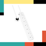 White power strip with multiple outlets on a colorful geometric background