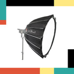 Photography studio light modifier with brand logo on a colorful background