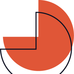 Geometric logo with a red circle and black lines on a dark blue background