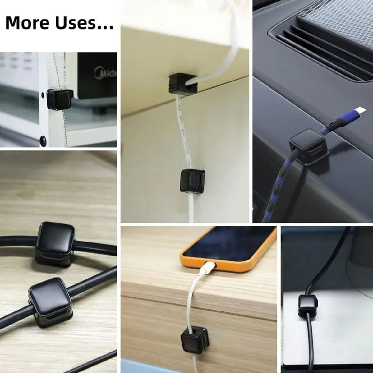 Collage of cable management clips in various settings