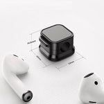 Black phone stand with dimensions on a white background