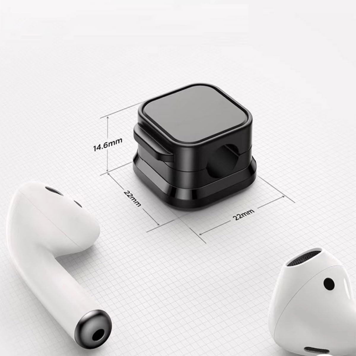 Black phone stand with dimensions on a white background