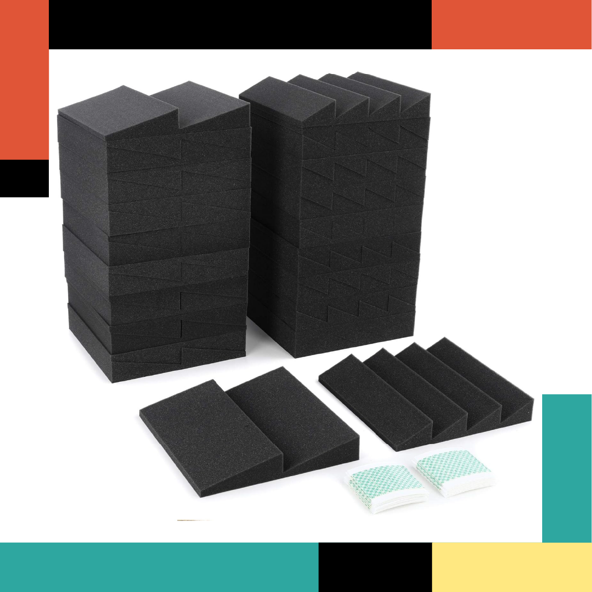 Stacks of black foam blocks on a white background