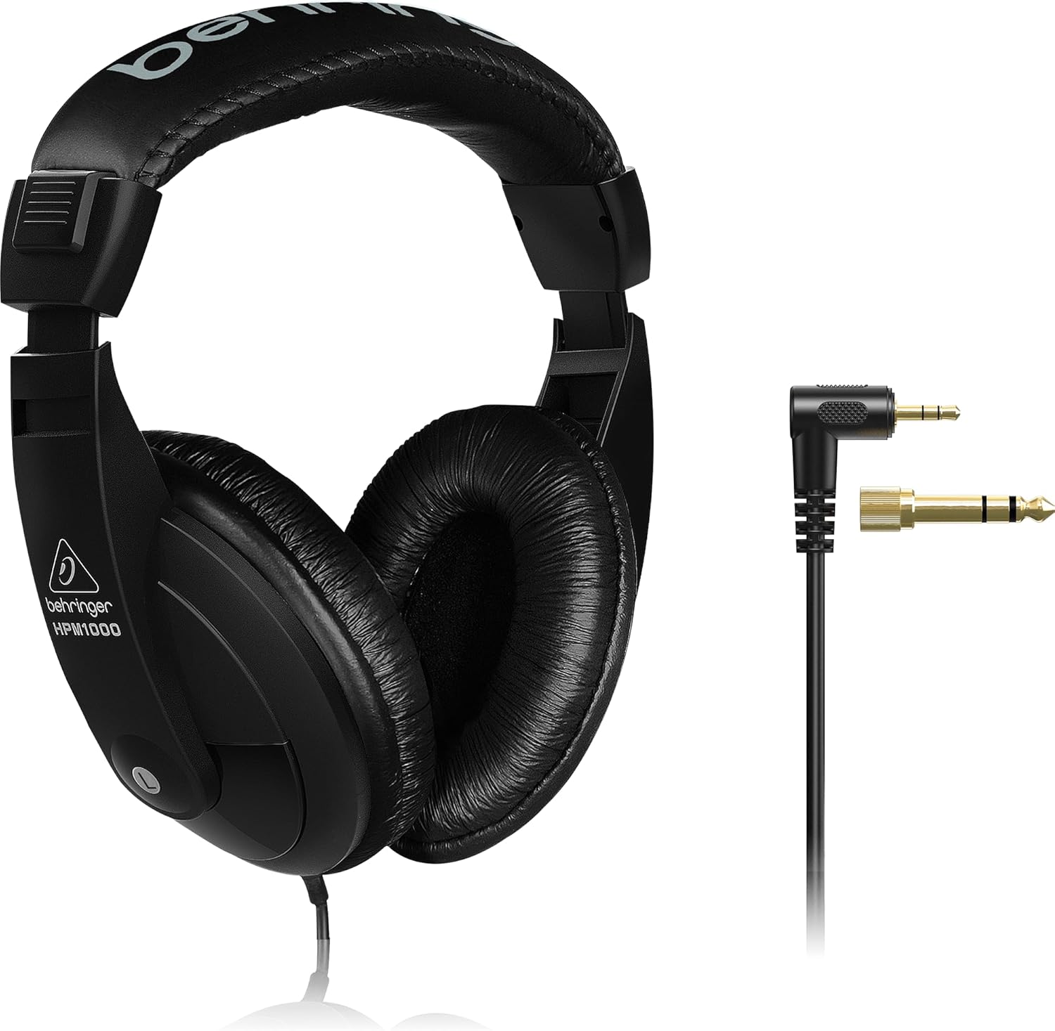 Black headphones with a cable on a white background, featuring Behringer branding.